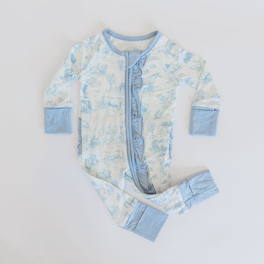 Dusty Blue Barnyard Toile Ruffle Zippy