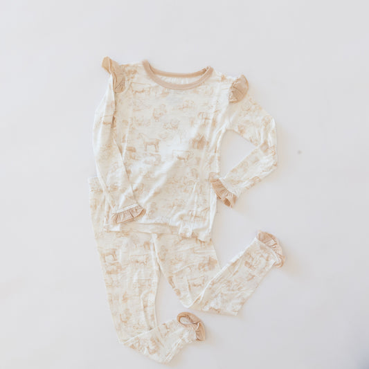 Tan Barnyard Toile Ruffle Two-Piece