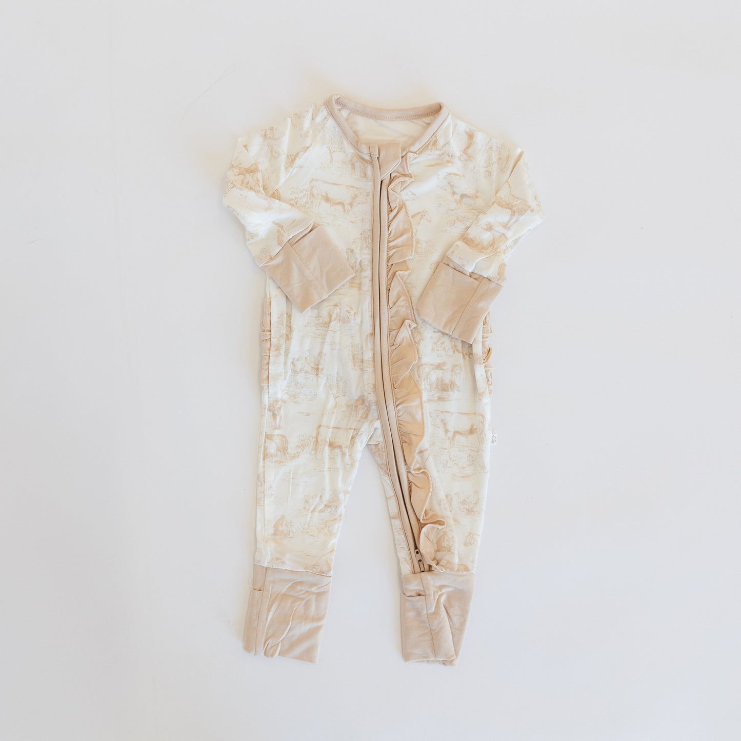 Tan Barnyard Toile Ruffle Zippy