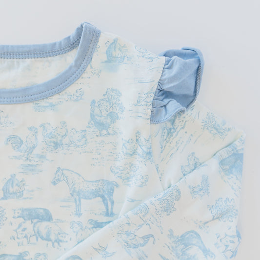 Dusty Blue Barnyard Toile Ruffle Two-Piece