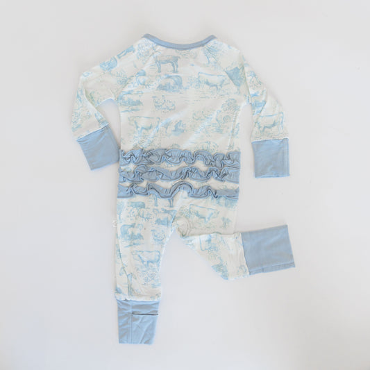 Dusty Blue Barnyard Toile Ruffle Zippy