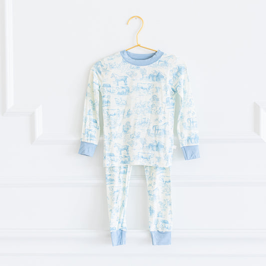 Dusty Blue Barnyard Toile Two-Piece Set