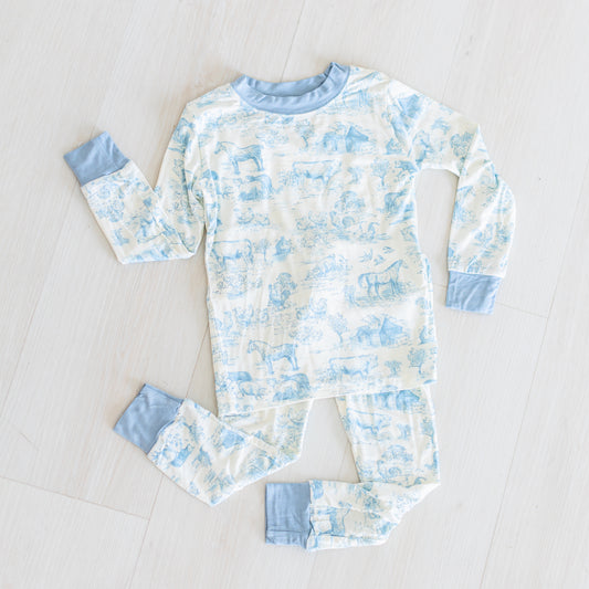 Dusty Blue Barnyard Toile Two-Piece Set